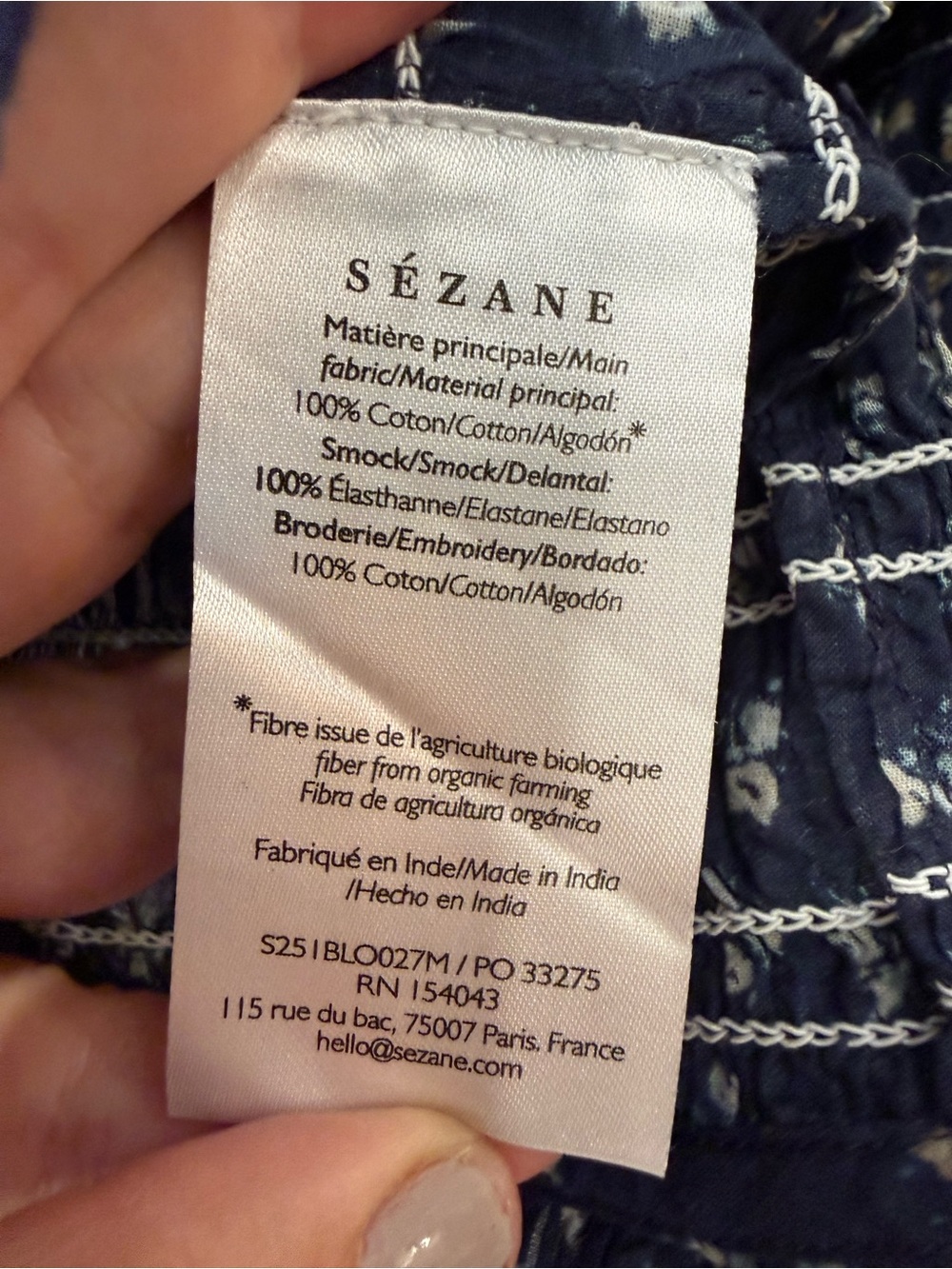 Sézane Liorane Blouse Smocked Floral Navy Blue Ruffle Lace Size 36 / 4 - Picture 8 of 12